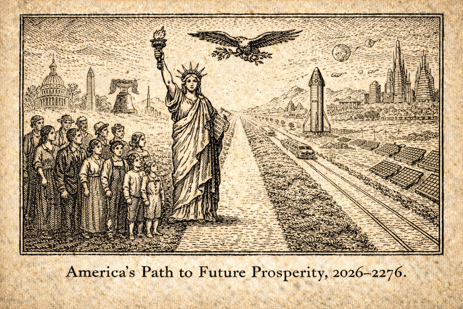 America's Path to Future Prosperity, 2026-2276 - illustration showing journey from historical foundations to futuristic prosperity